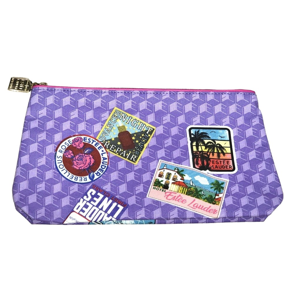 New ESTEE LAUDER Printed Travel Cosmetic Makeup Bag  2 Sided  W/Pink Luggage Tag